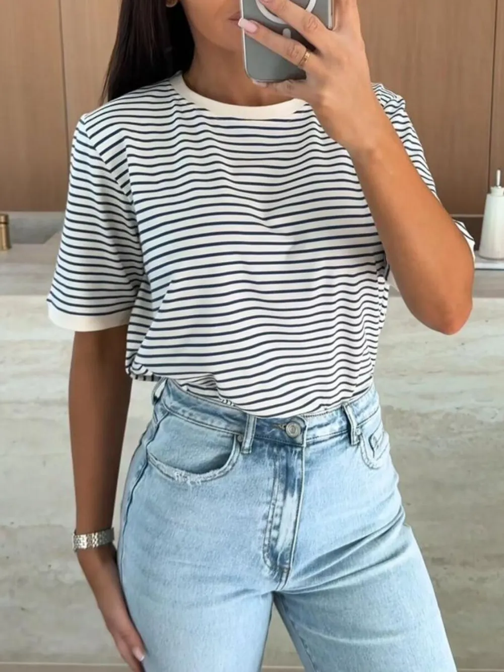 Striped Round Neck Short Sleeve T-Shirt, image 14