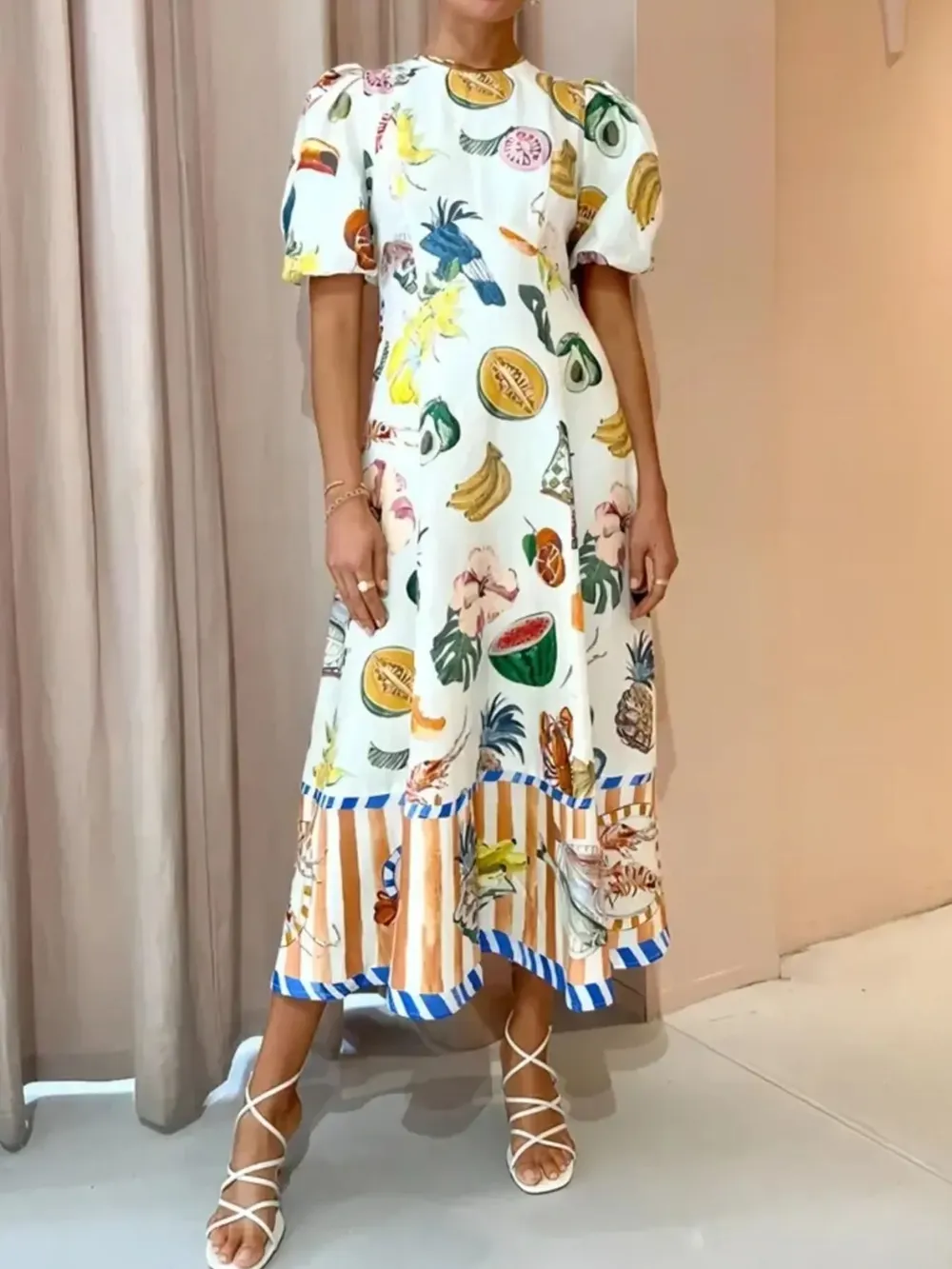 Printed Round Neck Puff Sleeve Dress, image 6