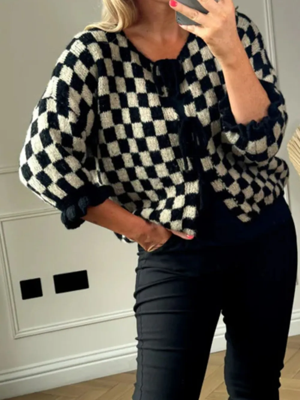 Checkered Tie-Front Knit Cardigan, image 14