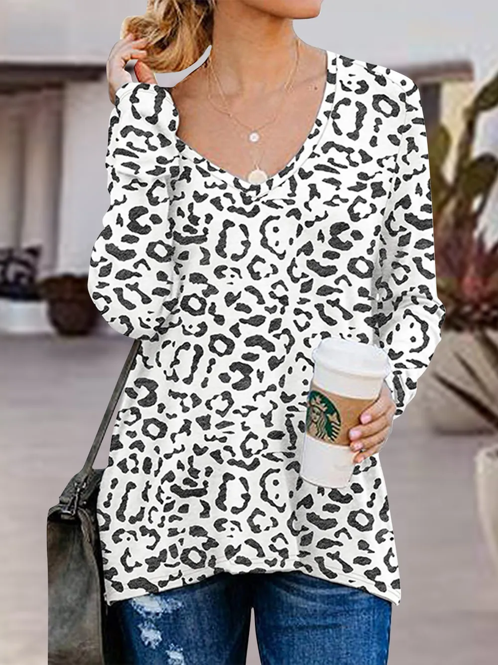 Full Size Side Zip Printed V-Neck Long Sleeve T-Shirt, image 6