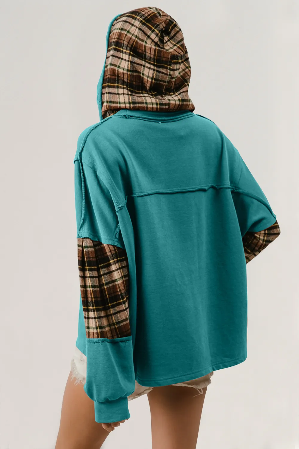 Drawstring Plaid Star Patch Long Sleeve Hoodie, image 2