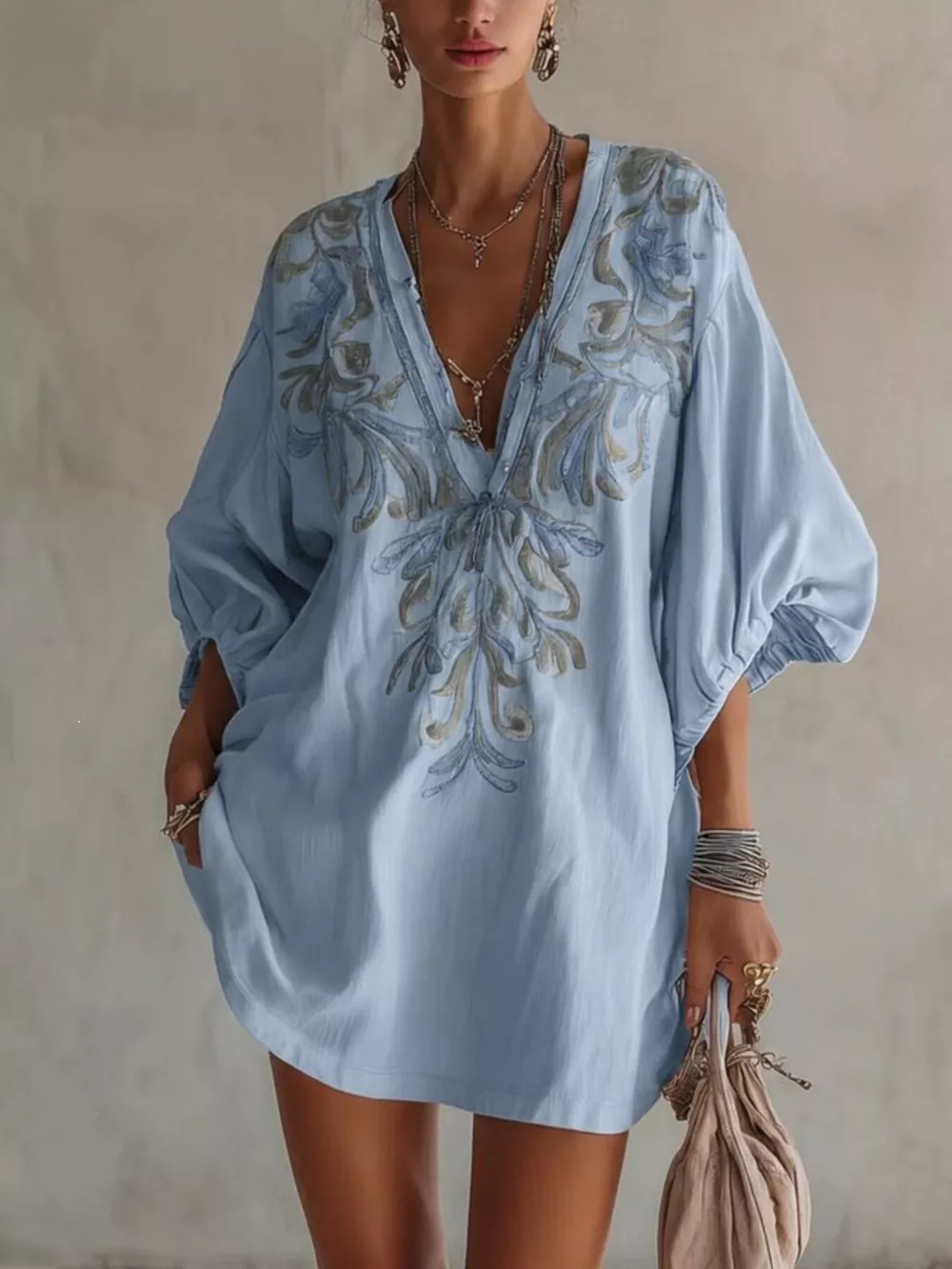 Full Size Embroidered V-Neck Mini Dress Plus Size, image 10
