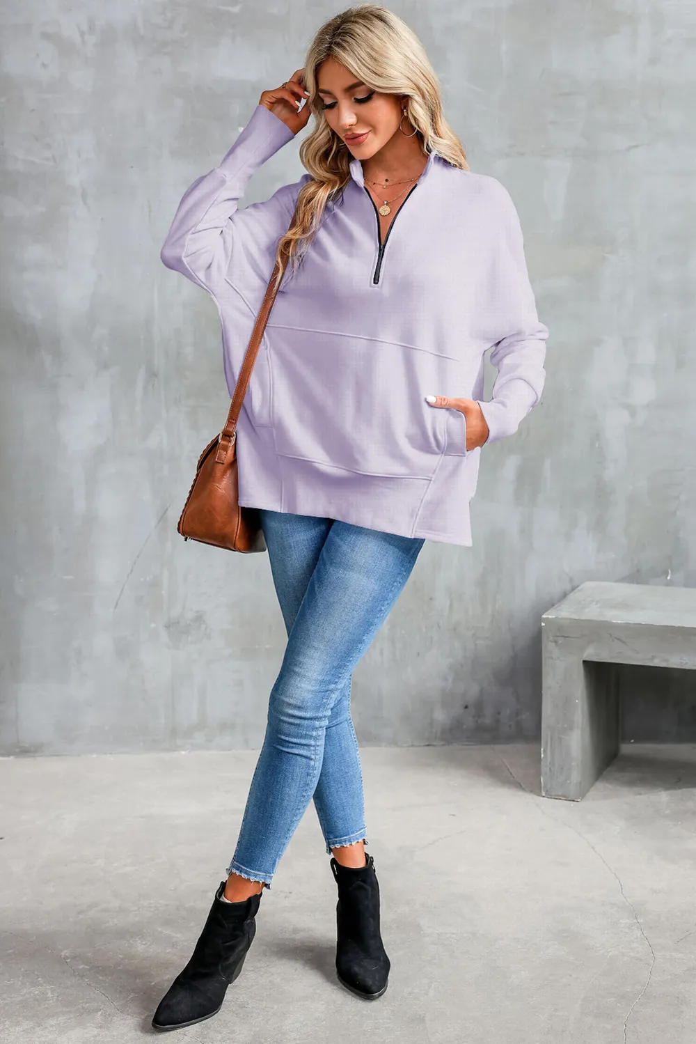Half Zip Pocketed Dropped Shoulder Sweatshirt, image 14