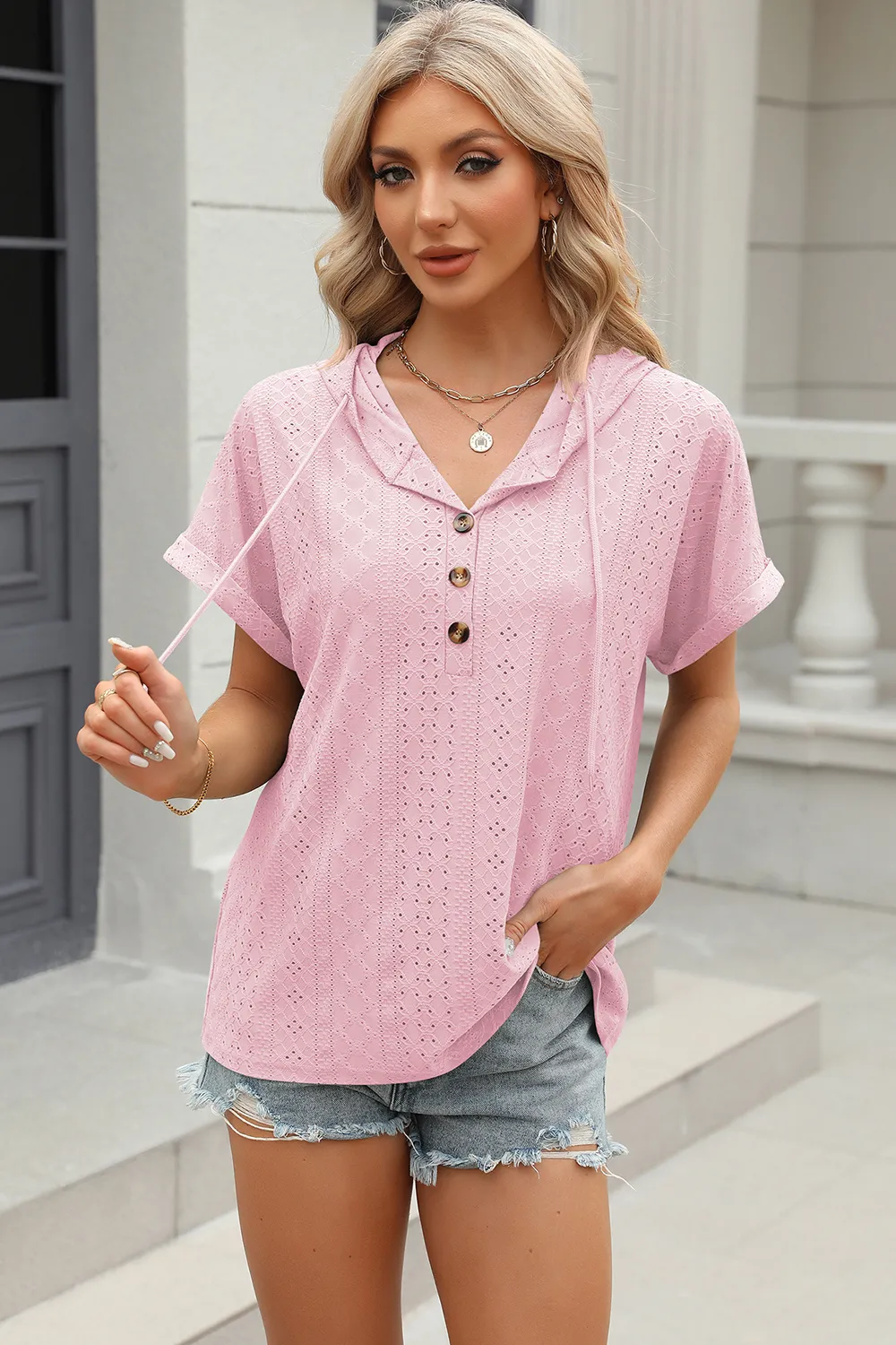 Eyelet Drawstring Hooded Short Sleeve Blouse, image 18