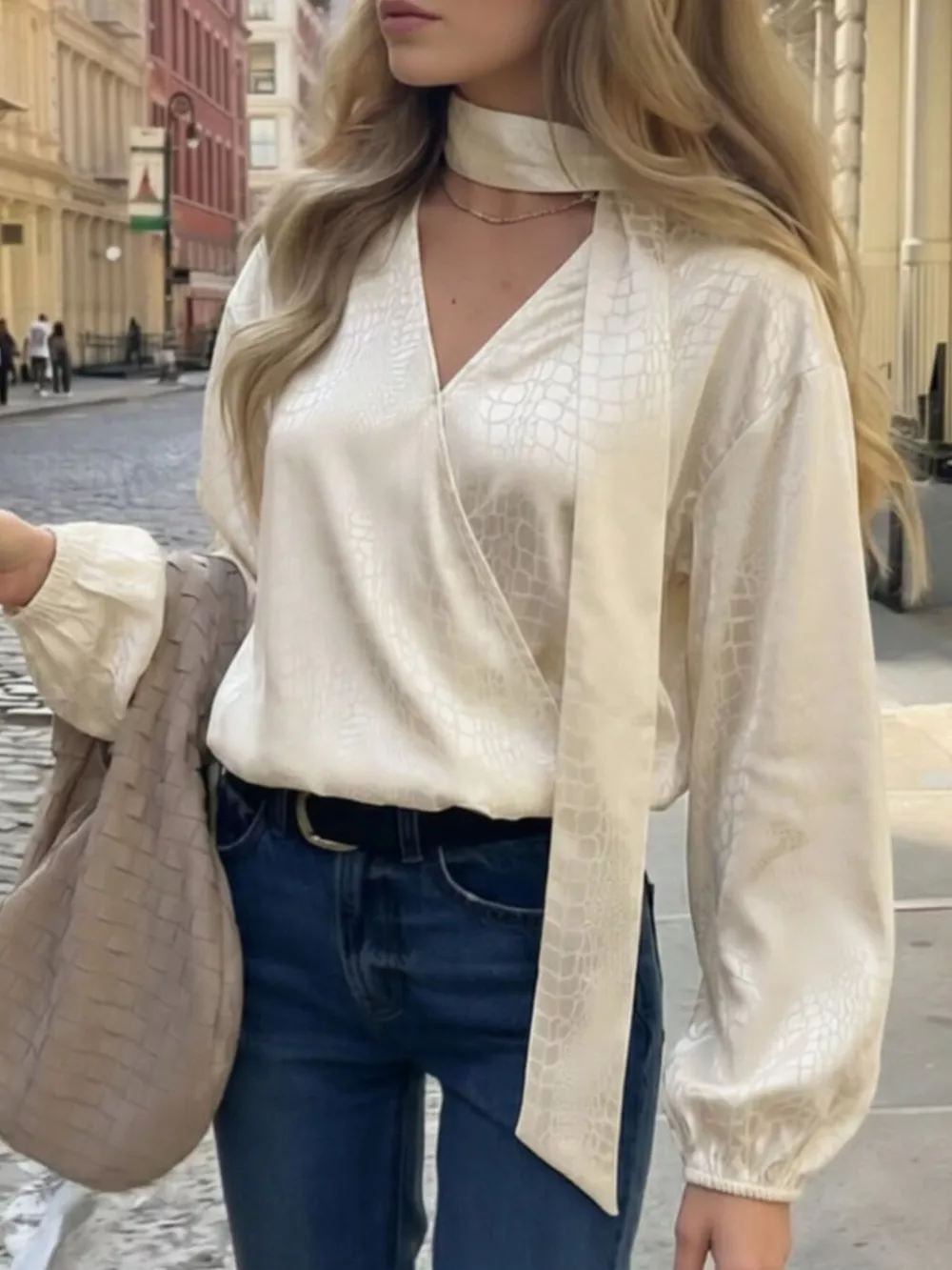 Crocodile-Embossed Surplice Balloon Sleeve Blouse, image 4