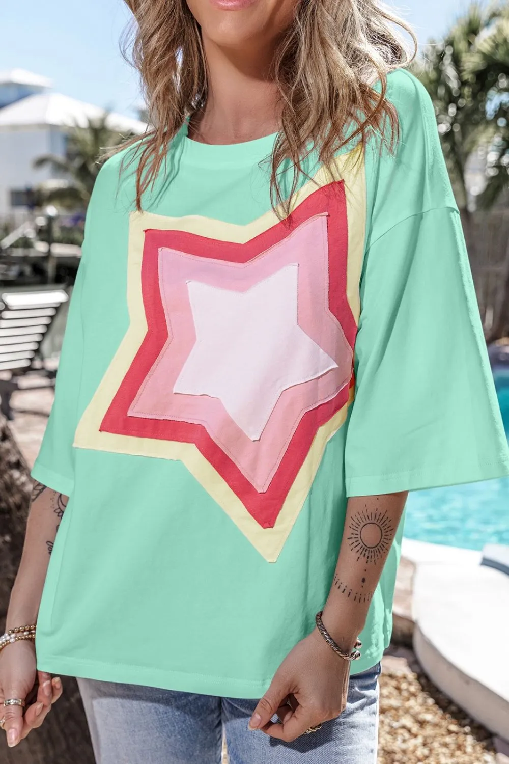 Color Block Star Patched Oversized T-Shirt, image 18
