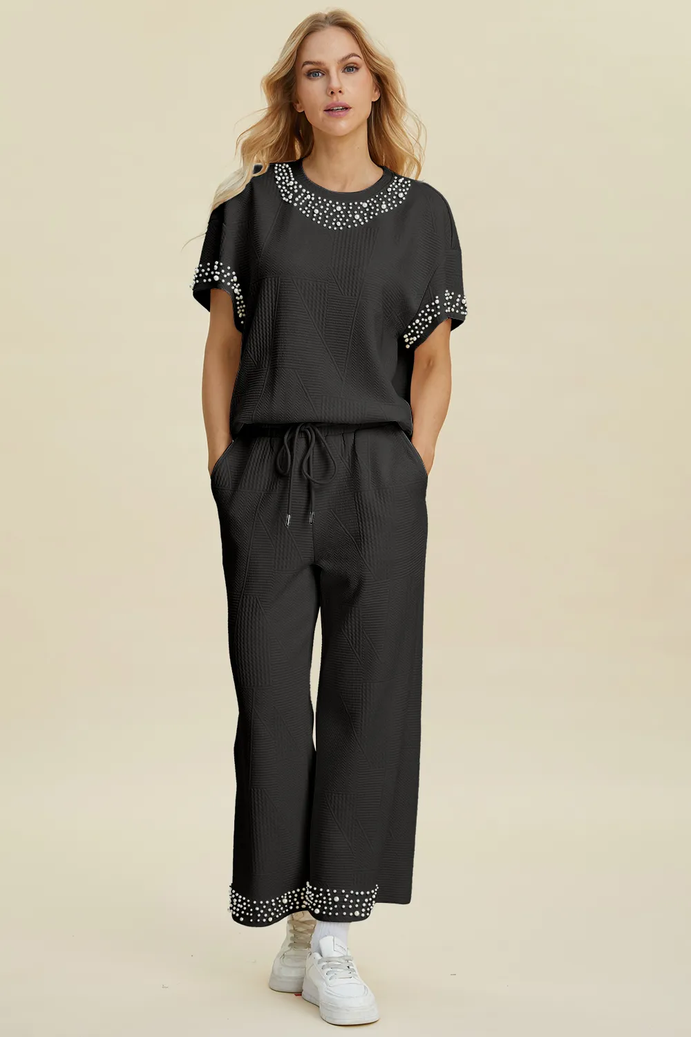 Full Size Pearl Detail Round Neck Top and Pants Set, image 13