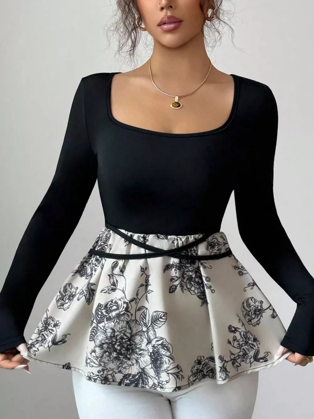 Floral Print Peplum Hem Long Sleeve Top, image 4