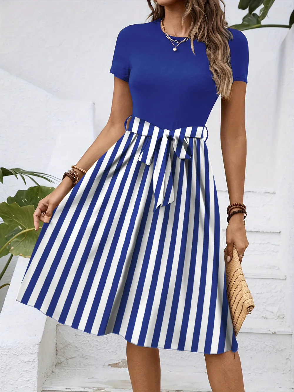 Striped Round Neck Short Sleeve Dress, image 15
