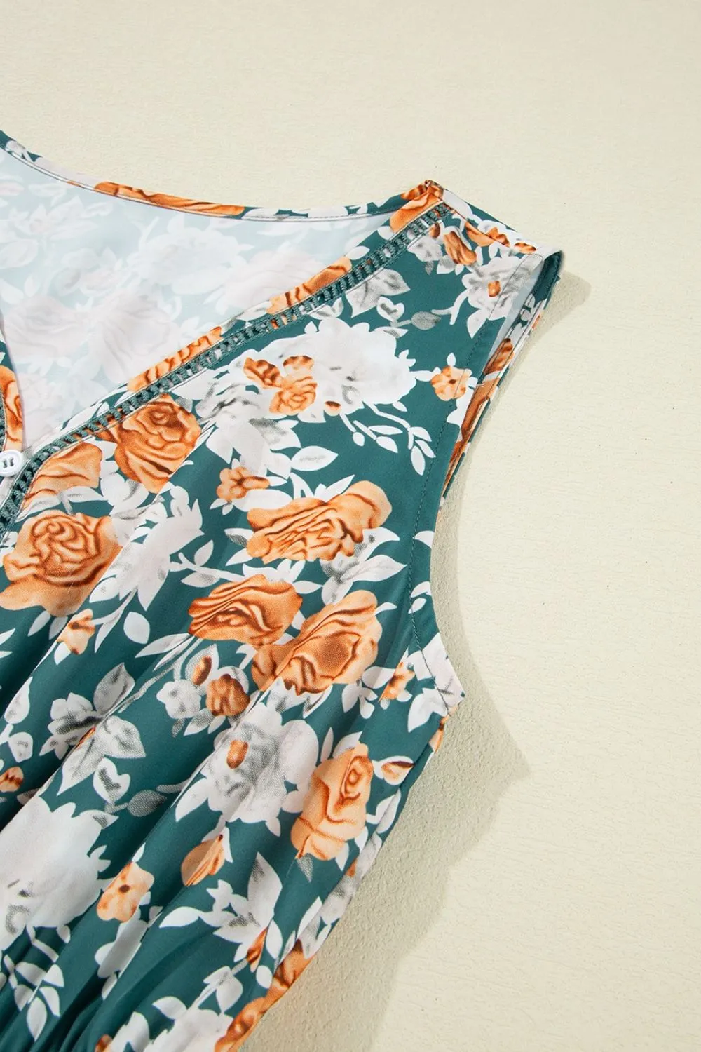 Floral Print Trimmed V Neck Tie Waist Sleeveless Dress, image 9