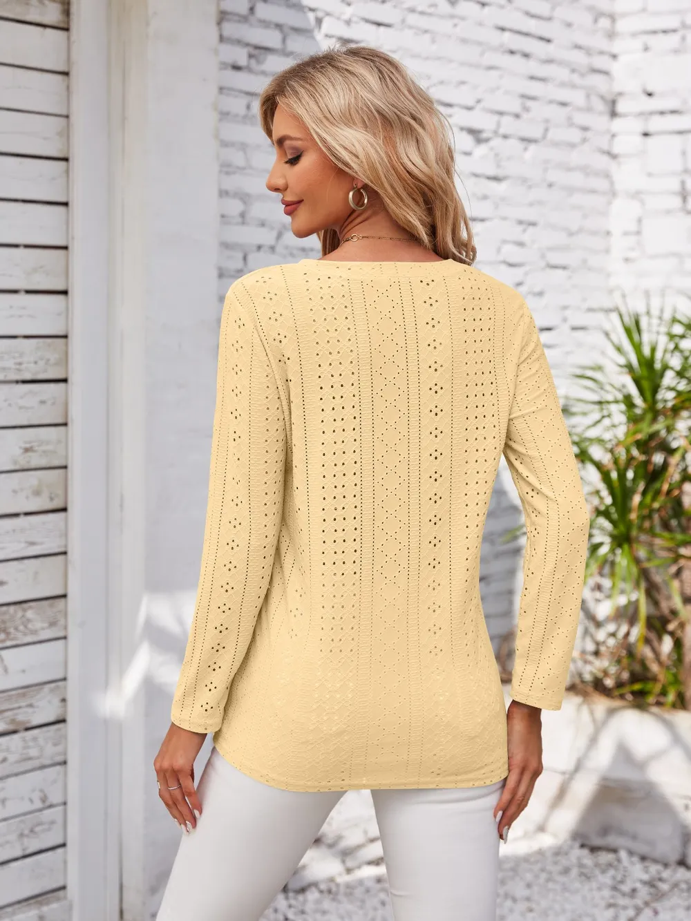 Decorative Button Openwork V-Neck T-Shirt, image 13