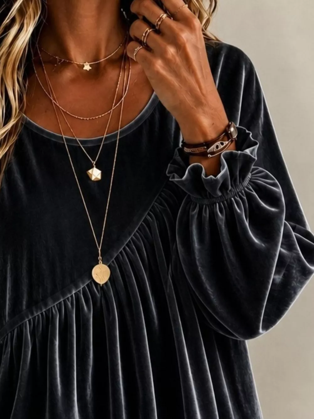 Full Size Velvet Round Neck Long Sleeve Blouse Plus Size, image 12