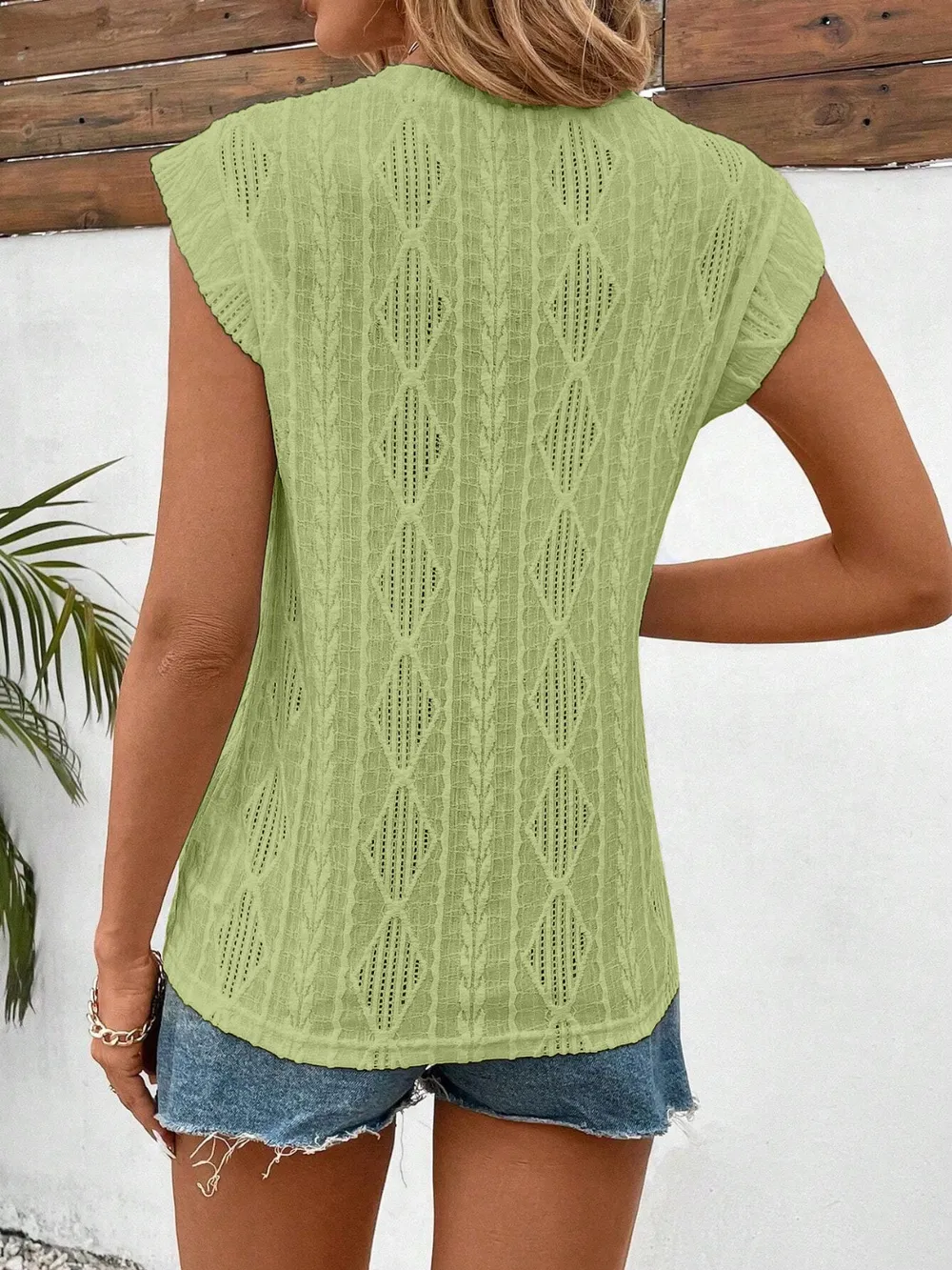 Openwork Round Neck Cap Sleeve Top, image 24