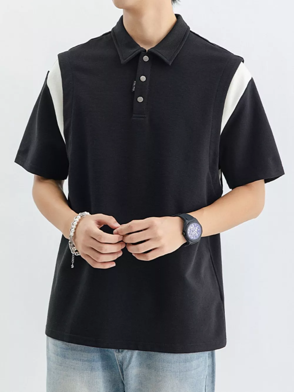 Men's Plus Size Contrast Shoulder Casual Polo, image 4