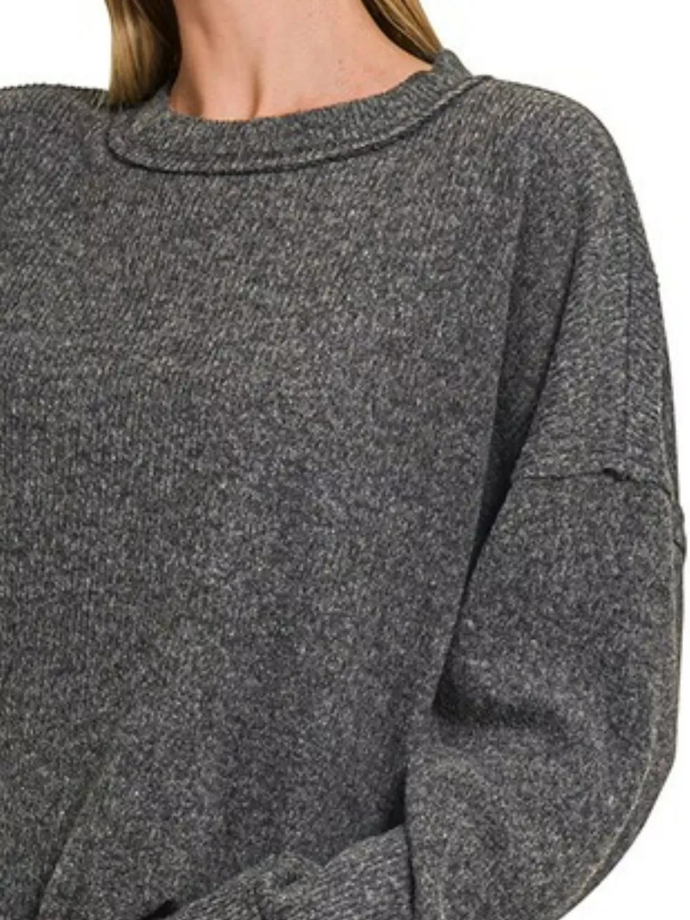 Full Size Brushed Ribbed Hacci Drop Shoulder Sweater Plus Size, image 2