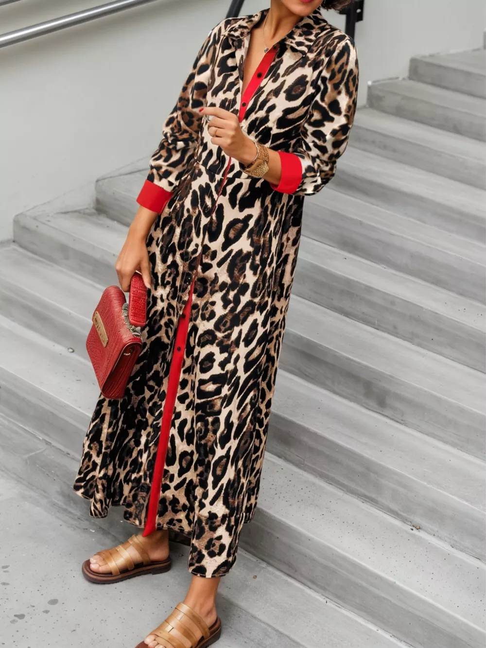 Leopard Print Long Sleeve Shirt Dress with Contrast Trim, image 13