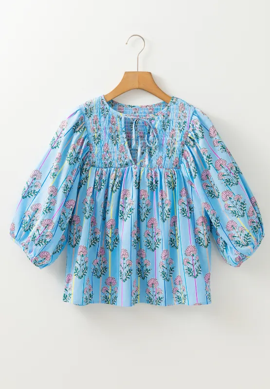 Smocked Floral Print Tie Neck Blouse, image 11