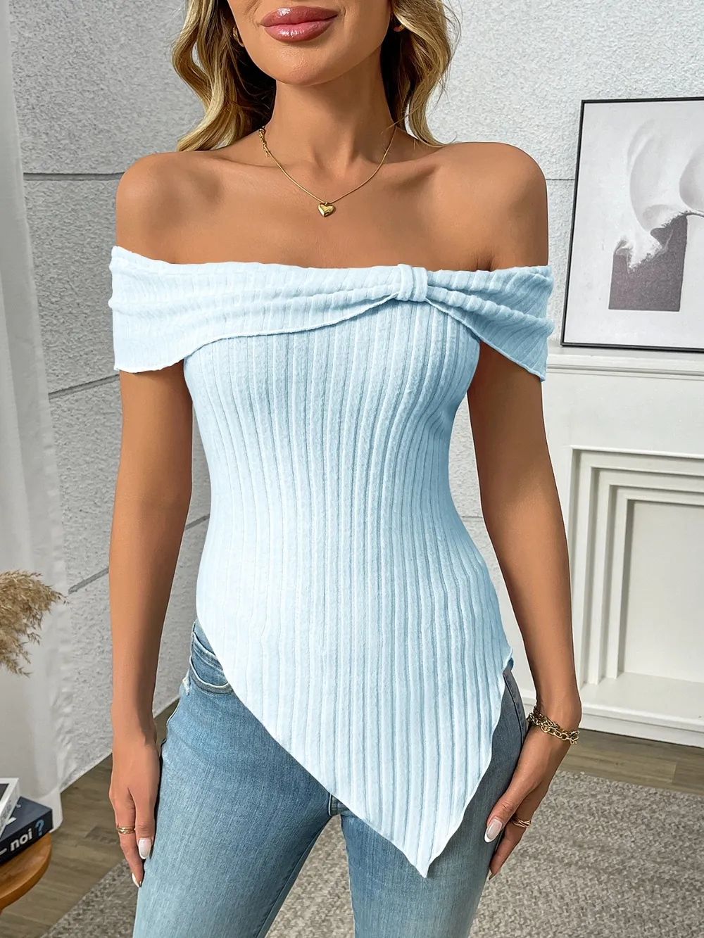 Ribbed Off-Shoulder Asymmetrical Hem T-Shirt, image 5