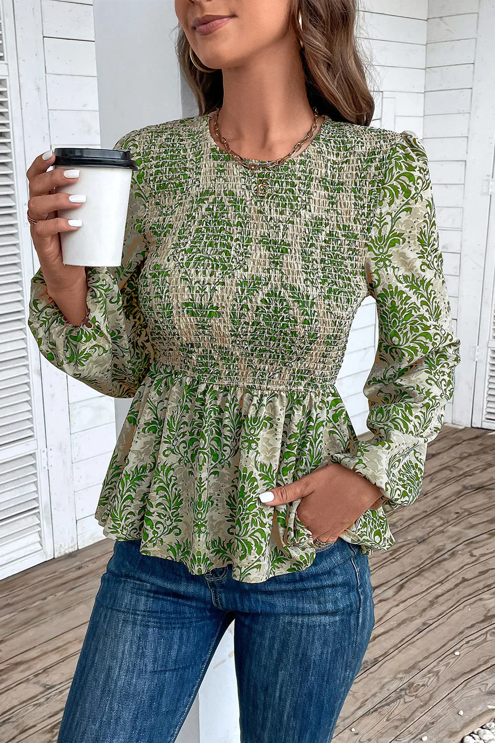 Smocked Printed Balloon Sleeve Blouse, image 10