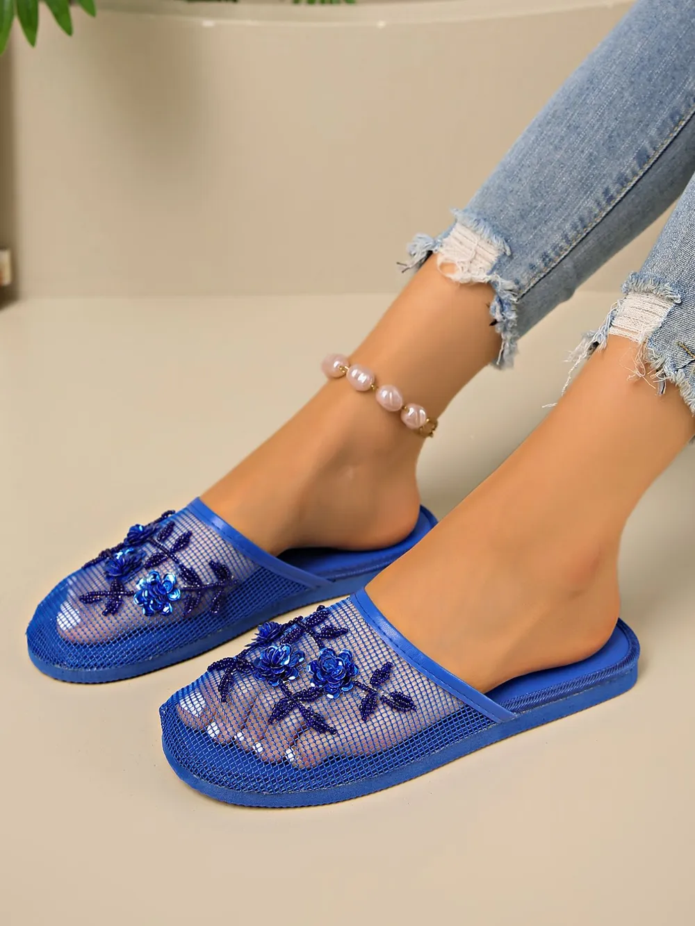 Mesh Floral Embroidered Slide Sandals, image 4