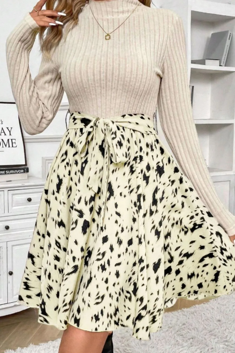 Printed Tie Waist Mock Neck Long Sleeve Dress, image 16