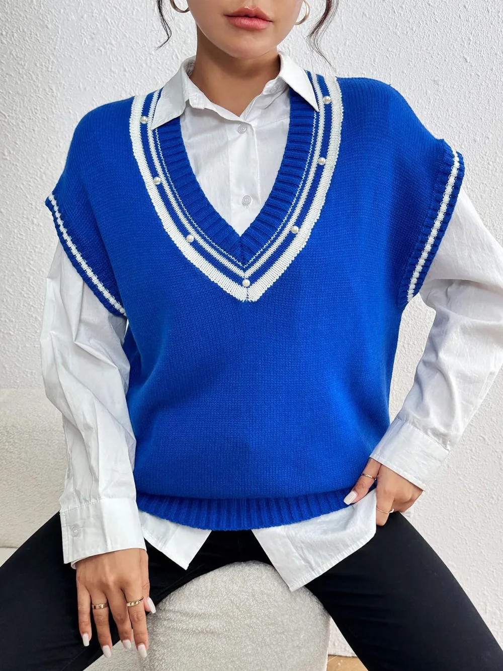 Pearl Trim Contrast V-Neck Sweater Vest, image 16