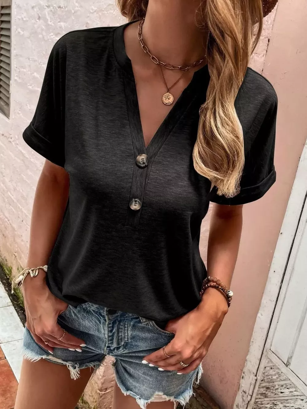 Full Size Notched T-Shirt with Rolled Sleeves Plus Size, image 2
