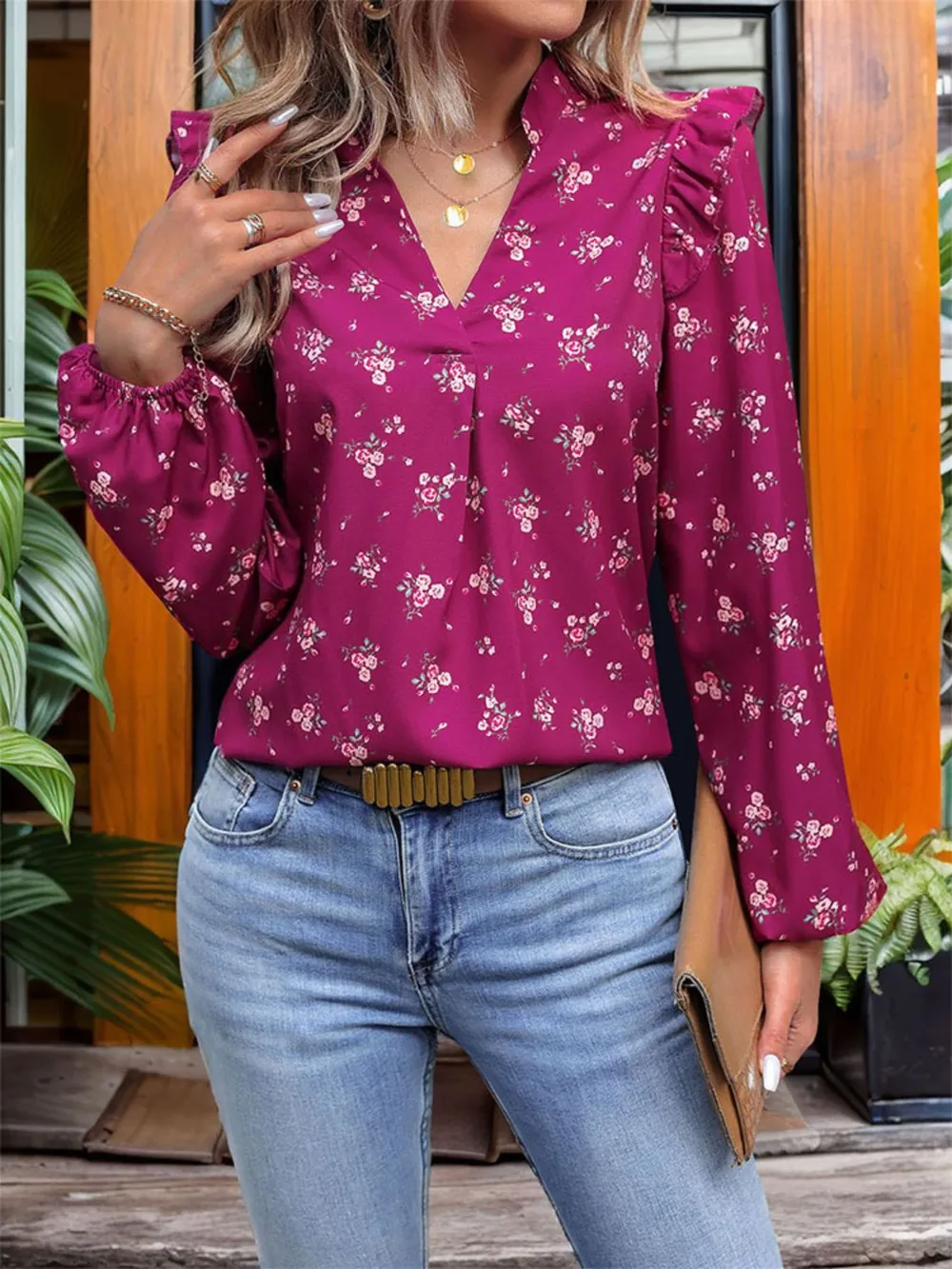 Ruffled Printed Notched Long Sleeve Blouse, image 5