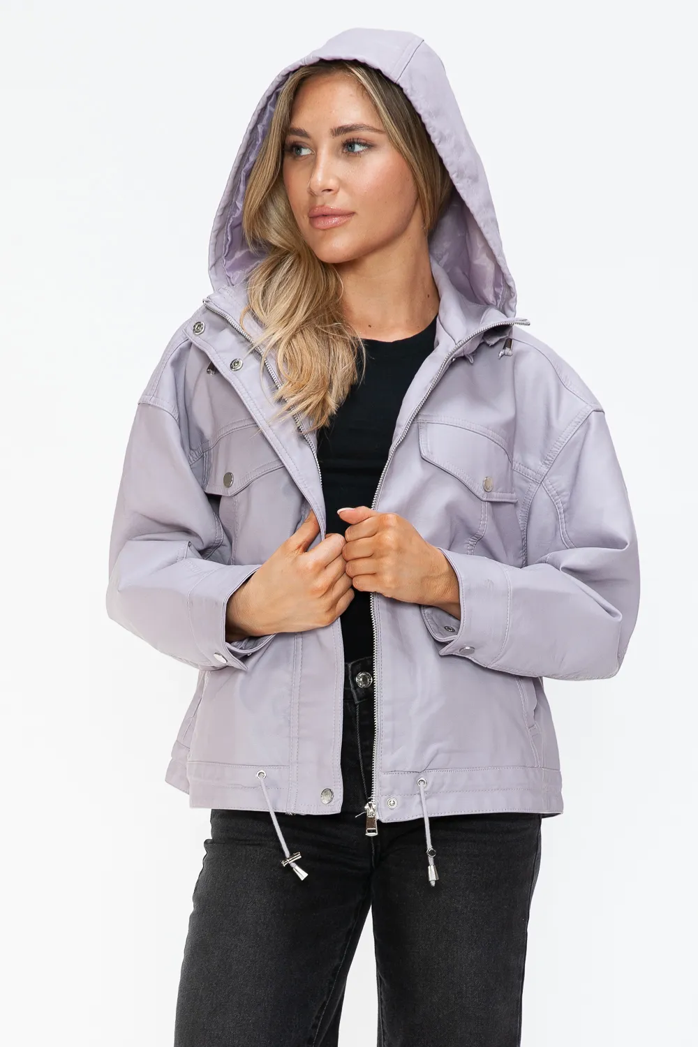 Drawstring Hem PU Leather Zip Up Jacket, image 17