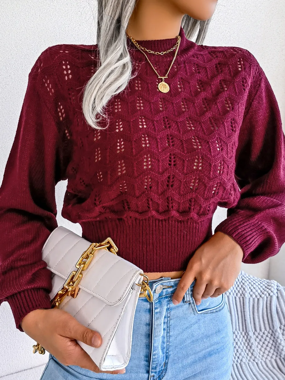 Openwork Mock Neck Long Sleeve Cropped Sweater, image 5