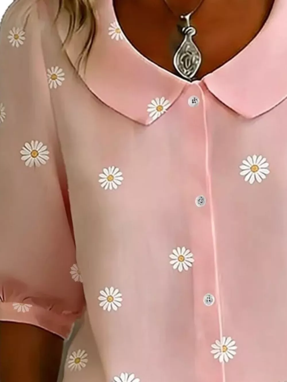 Daisy Print Peter Pan Collar Button-Down Shirt, image 2