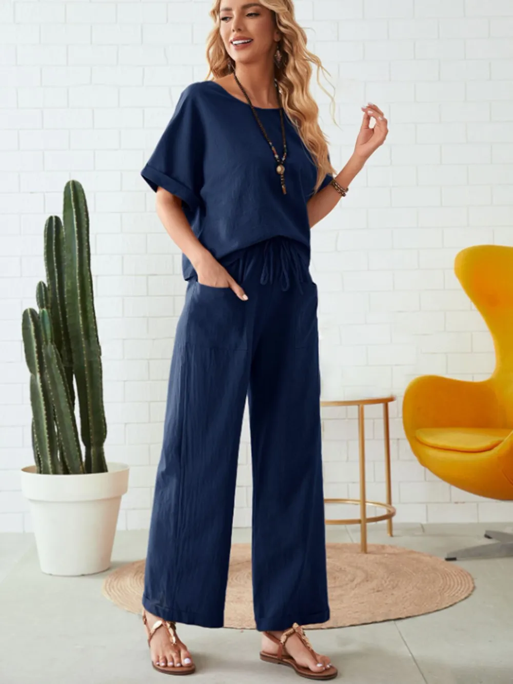 Round Neck Half Sleeve Top and Pocketed Pants Set, image 4