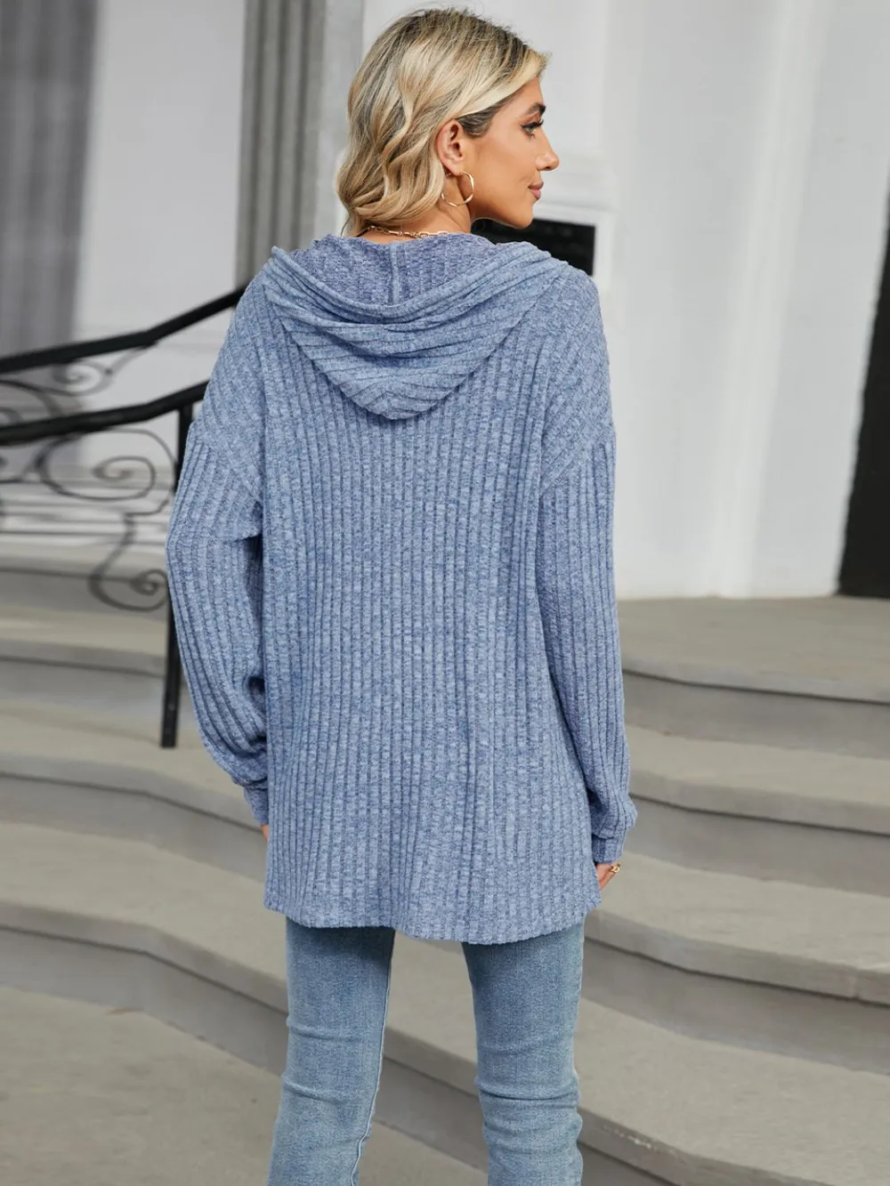 Half Button Long Sleeve Hooded Top, image 3