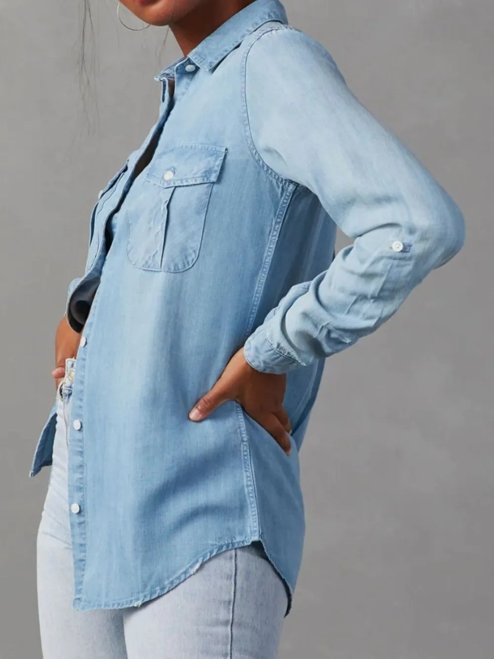 Collared Neck Roll-Tab Sleeve Denim Top, image 7
