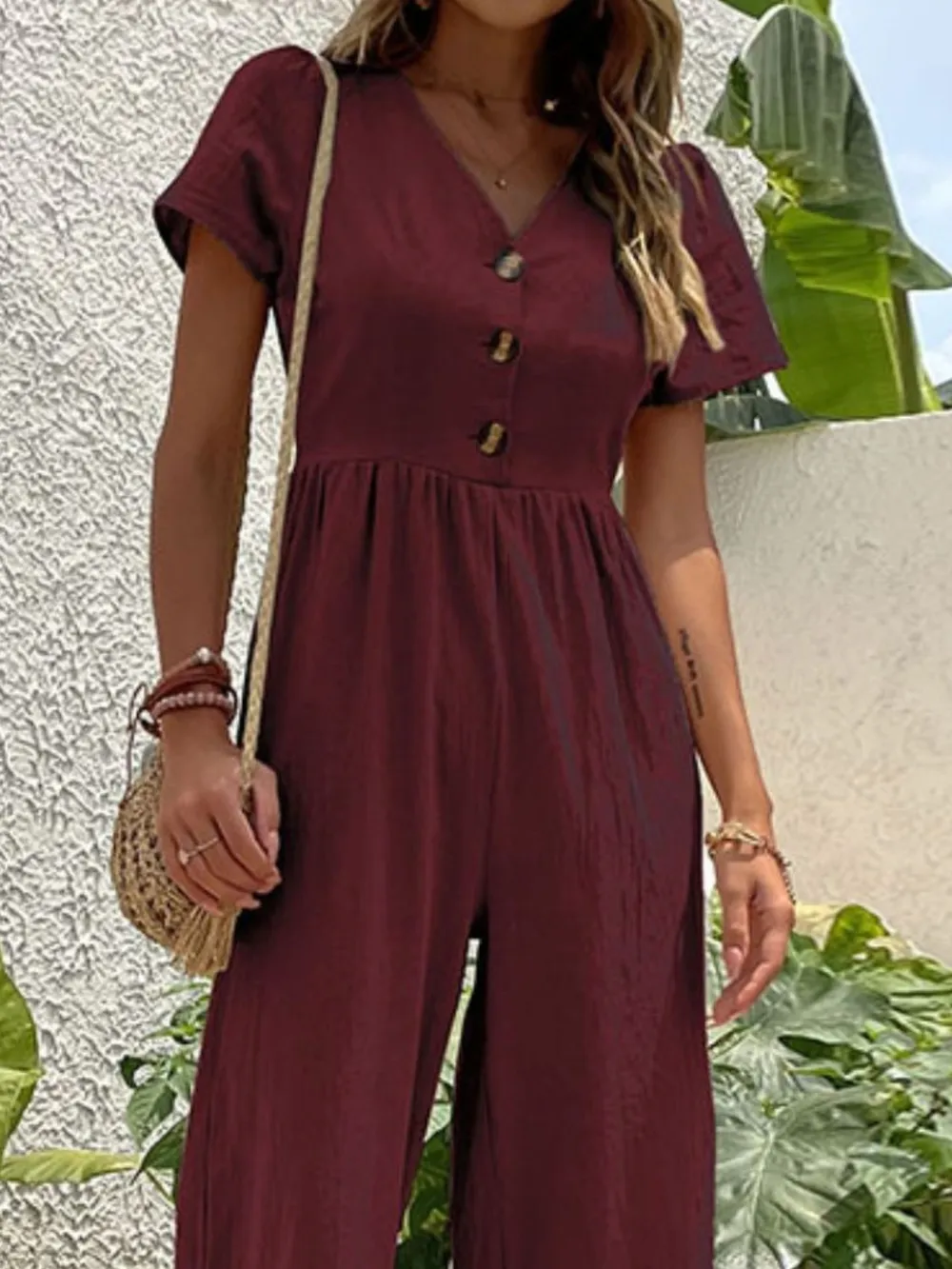 V-Neck Short Sleeve Wide Leg Jumpsuit, image 9