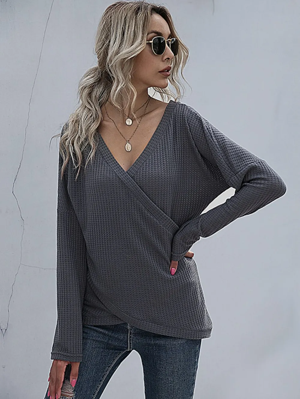 Waffle-Knit Surplice Long Sleeve Top, image 2