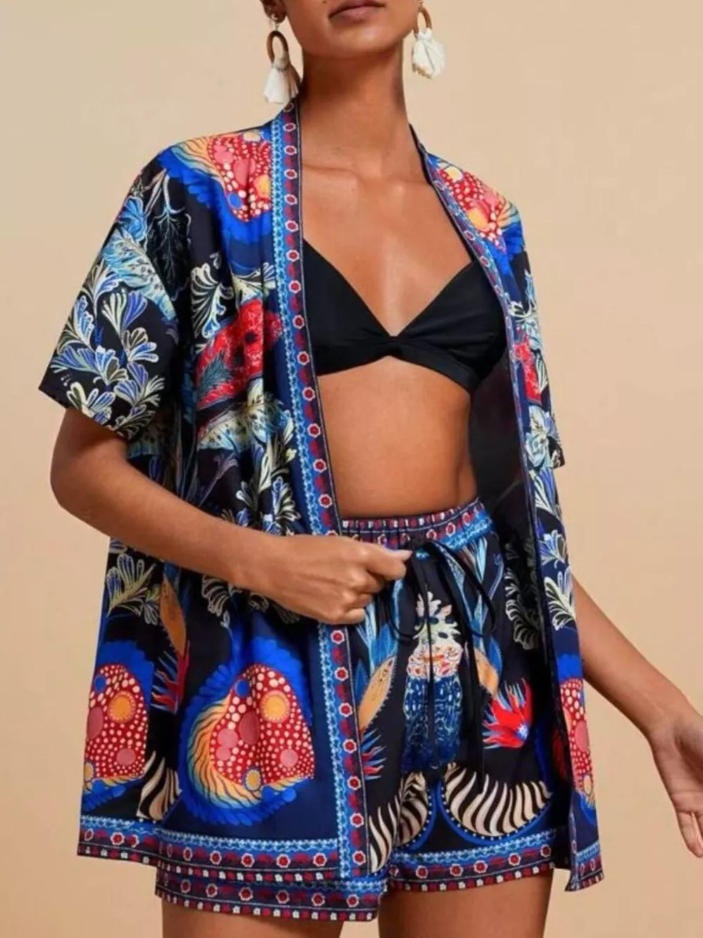 Printed Open Front Cardigan and Shorts Set, image 5