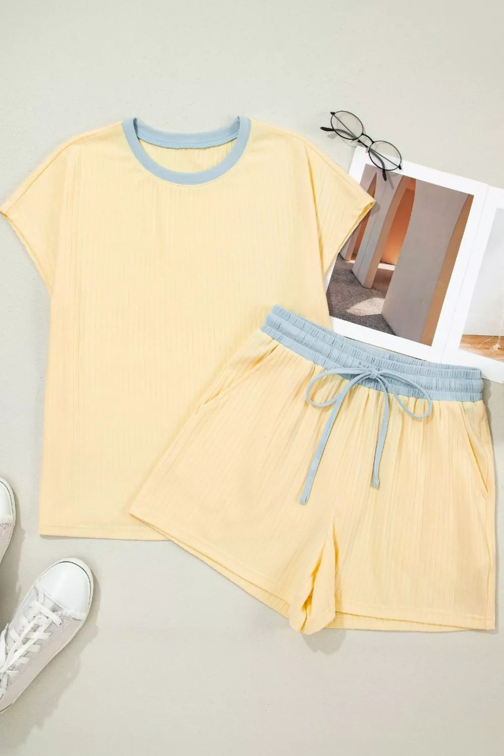 Soft Ribbed Color Block Trim Casual Short Set, image 8