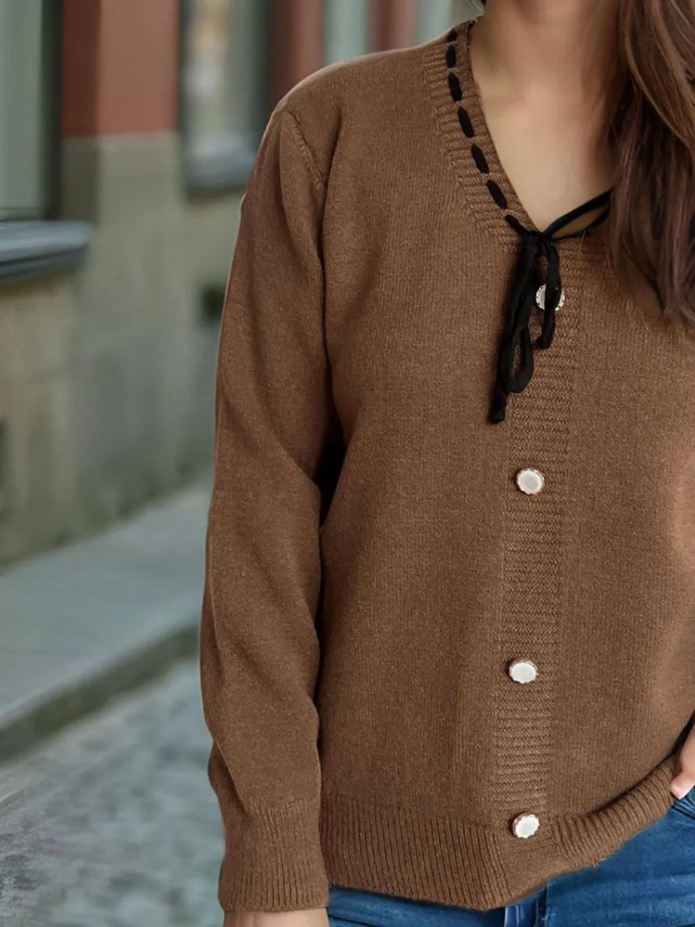 Tied V-Neck Long Sleeve Sweater, image 6