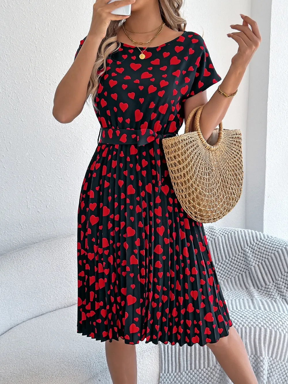 Heart Print Short Sleeve Tie Waist Dress, image 9