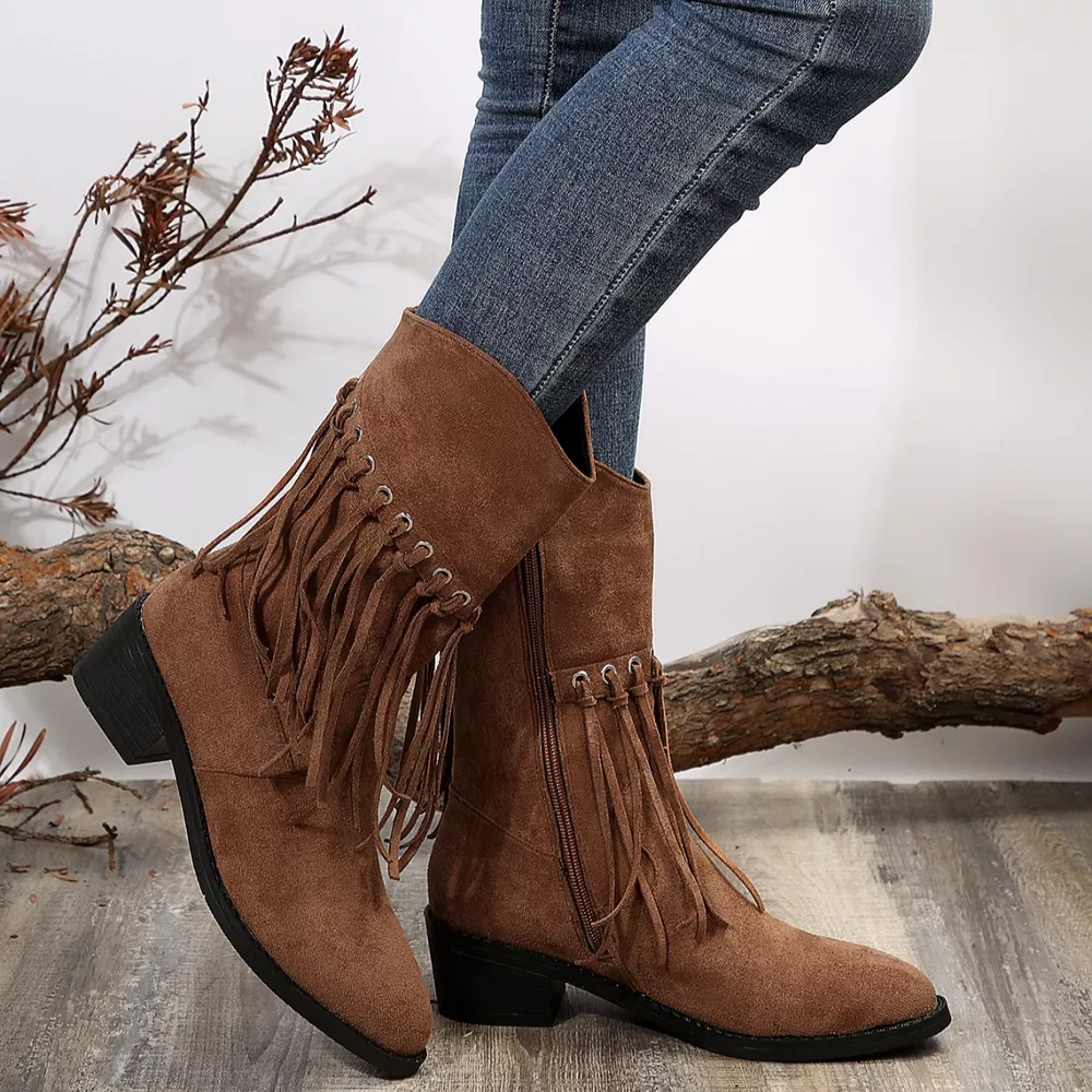 Fringe Western Block Heel Boots, image 12