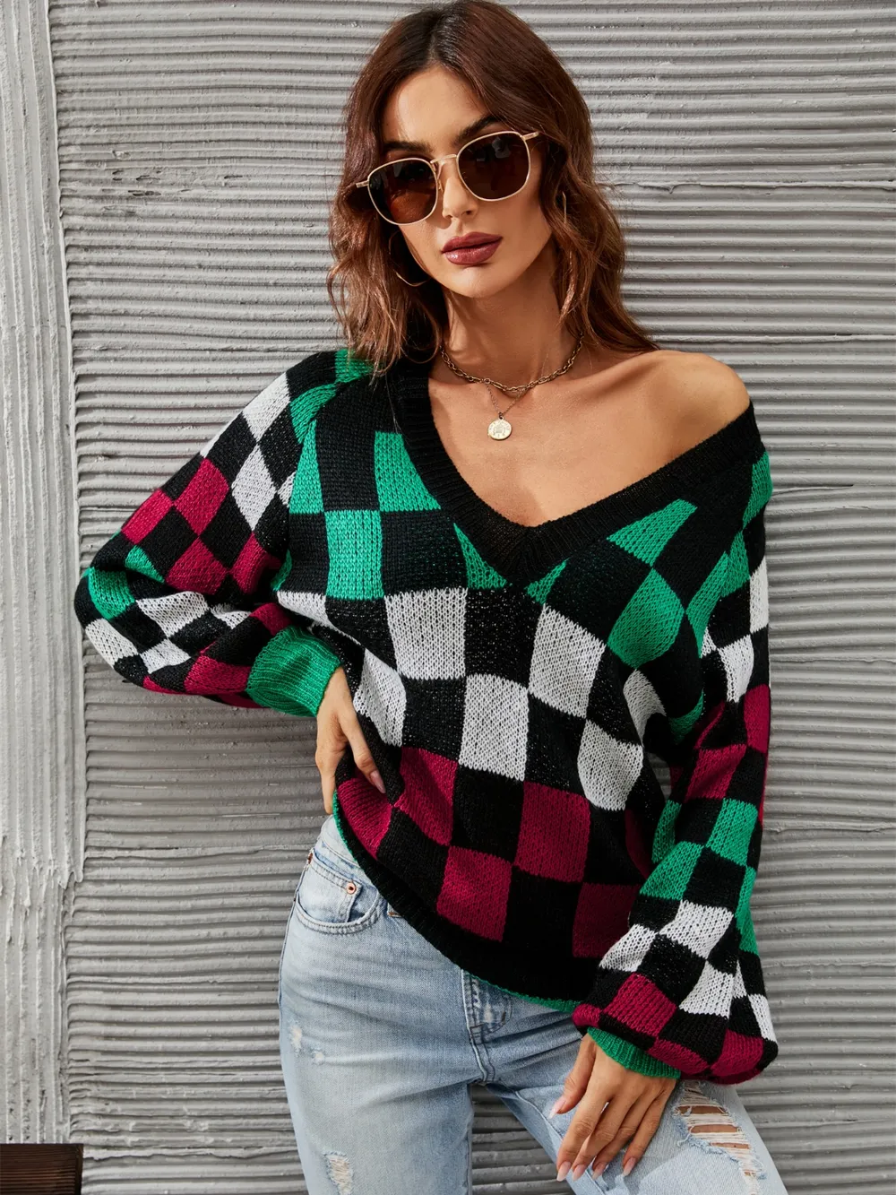 Checkered V-Neck Lantern Sleeve Sweater, image 9