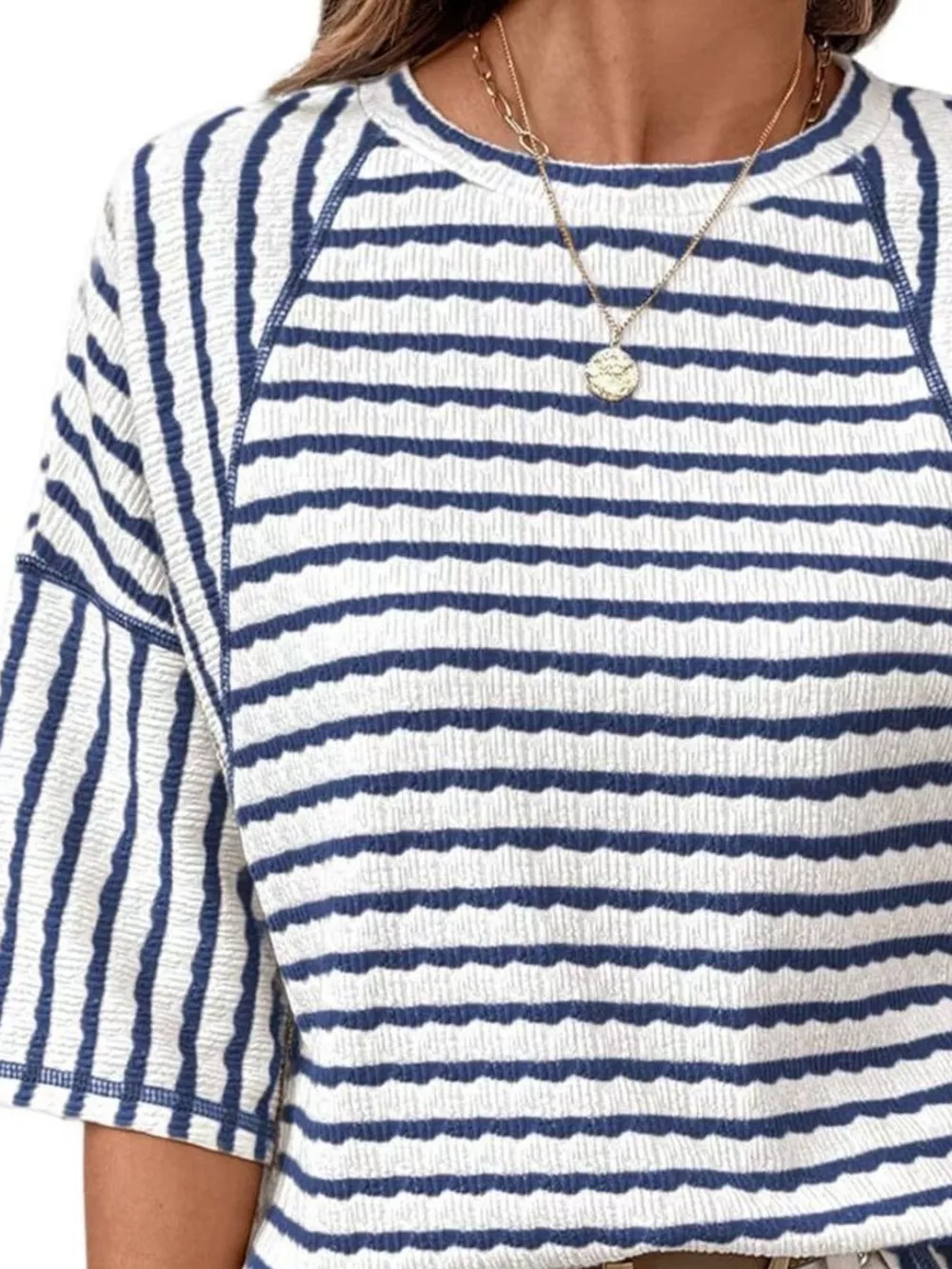 Casual Striped Raglan Sleeve Textured T-Shirt, image 15