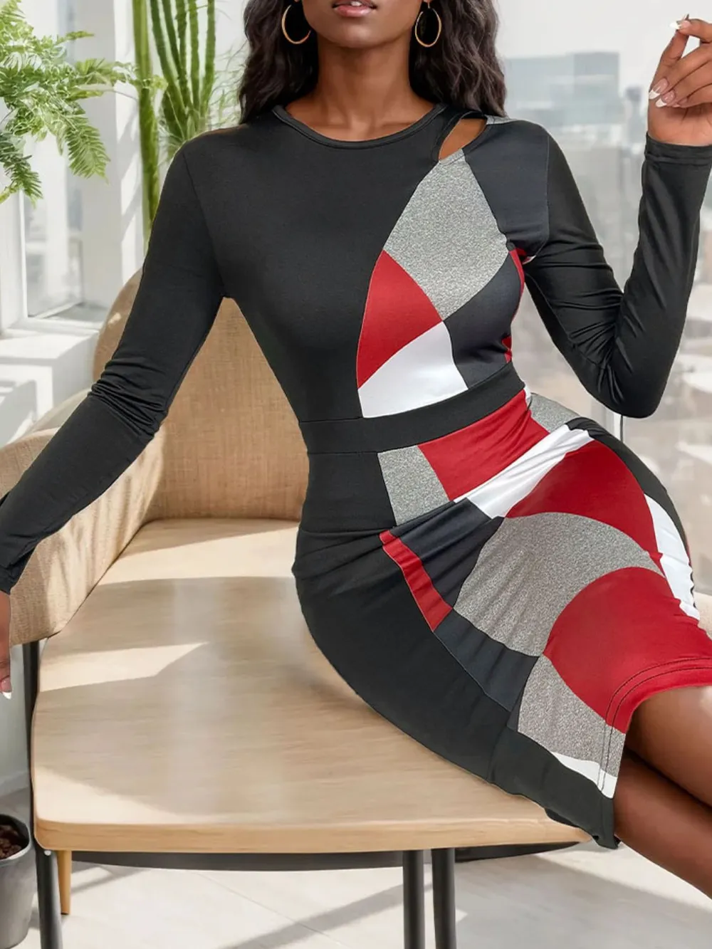 Cutout Color Block Round Neck Long Sleeve Dress, image 4