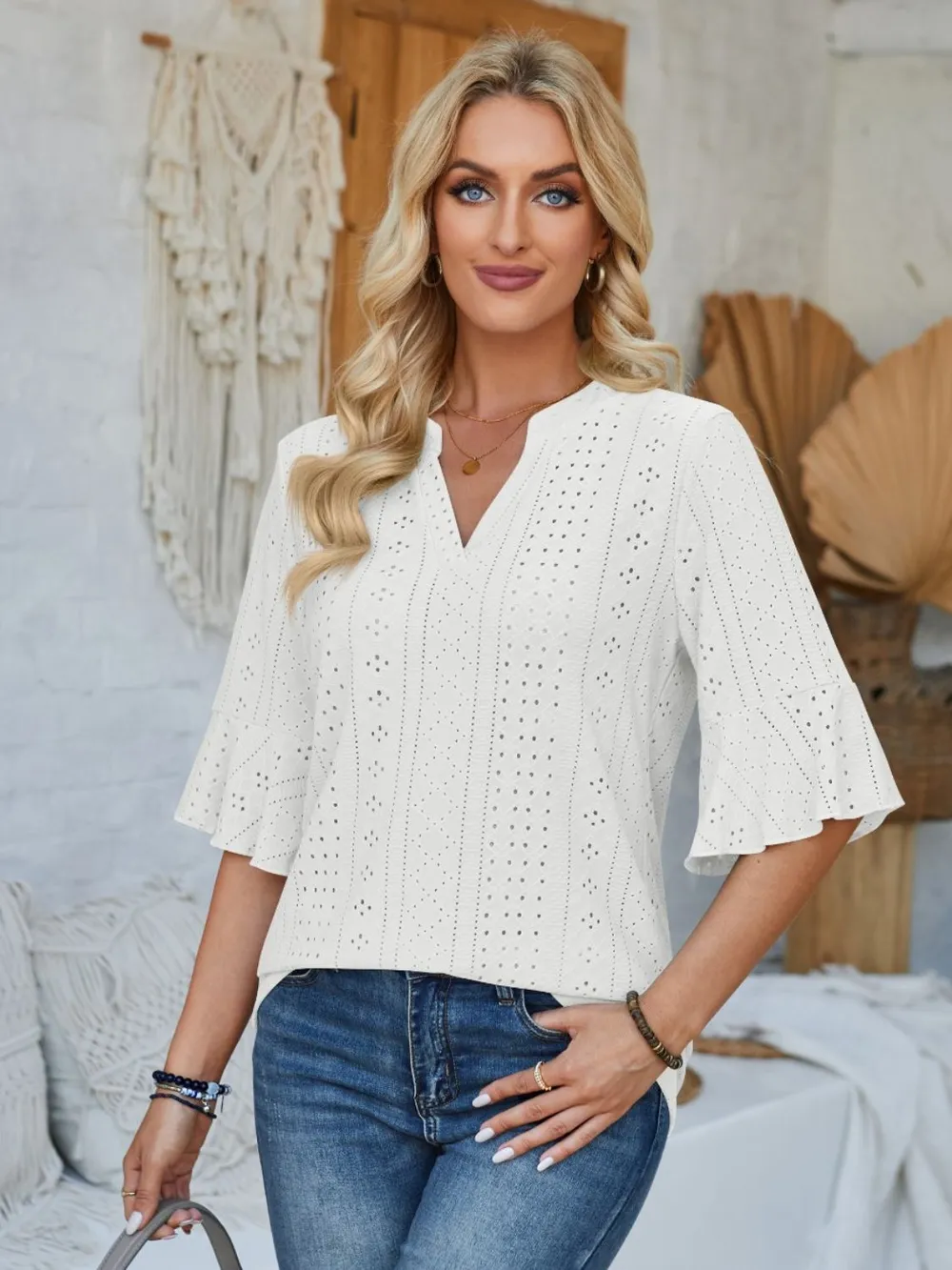 Eyelet Notched Half Sleeve T-Shirt, image 6