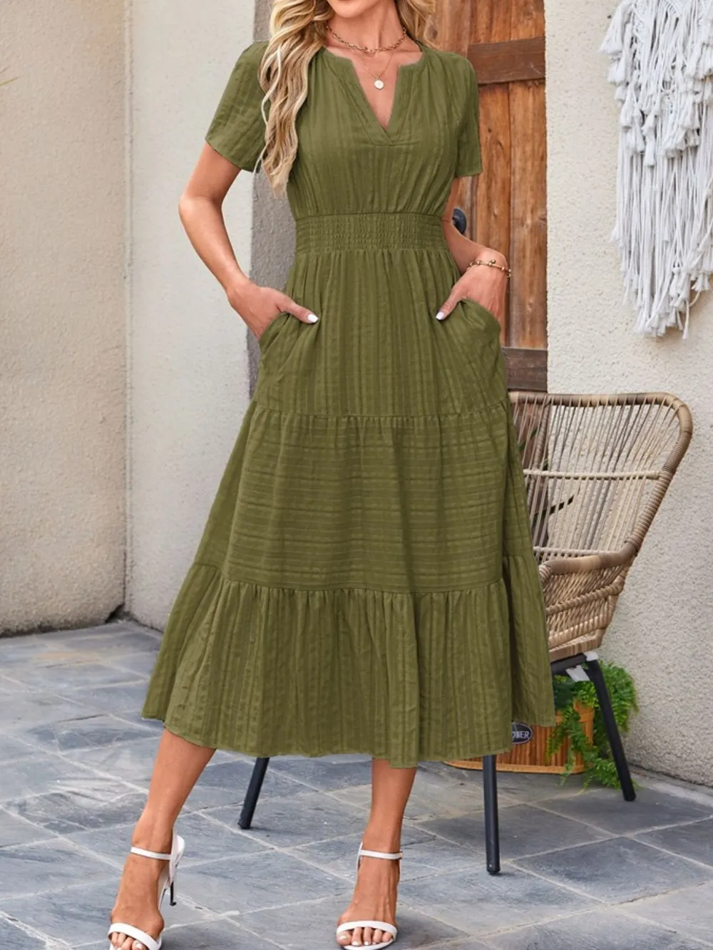 Tiered Notched Short Sleeve Dress, image 19