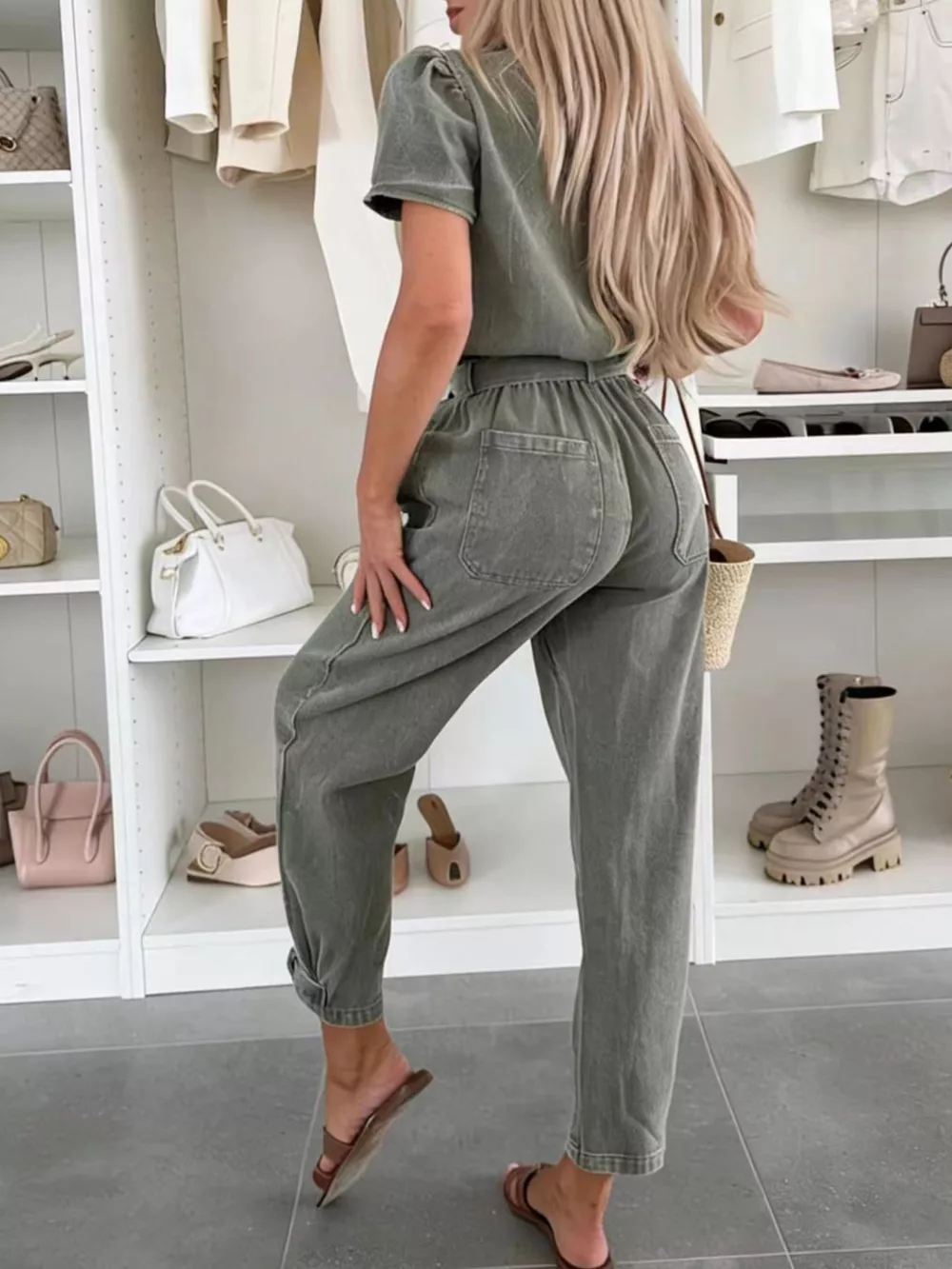 Vintage Wash Short Sleeve Denim Jumpsuit, image 12