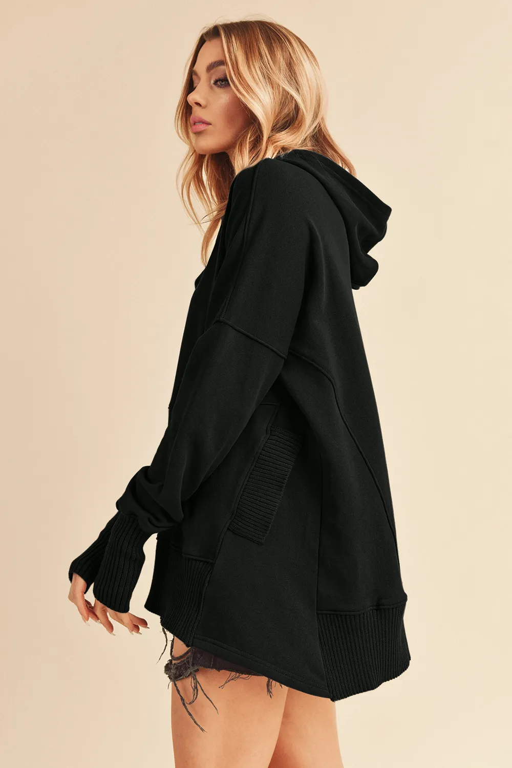 Half Snap Dropped Shoulder Hoodie, image 2