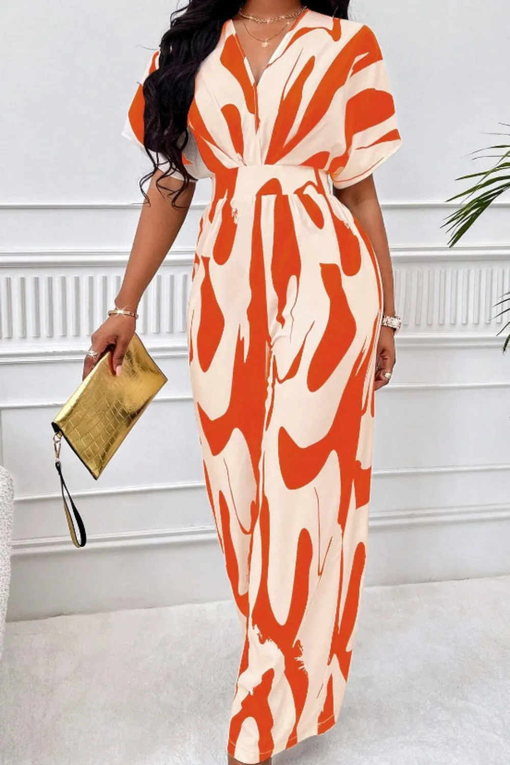 Printed V-Neck Short Sleeve Wide Leg Jumpsuit, image 11