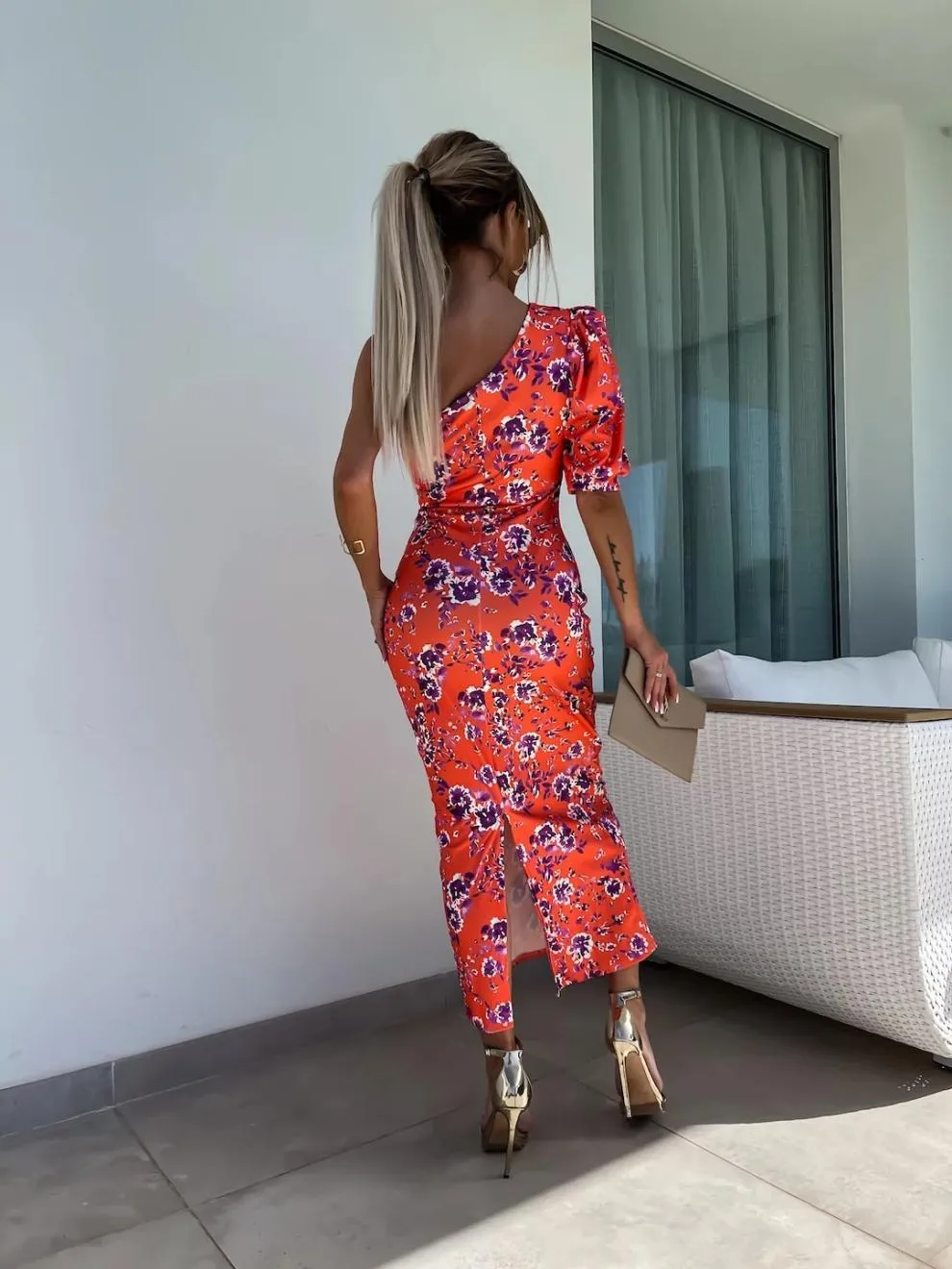Slit Printed Single Shoulder Midi Dress, image 13